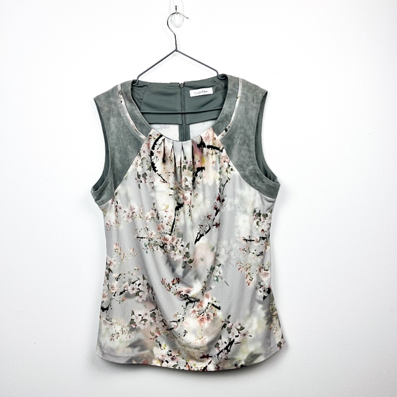 Calvin Klein Grey Sleeveless Floral Blouse - Picture 1 of 10